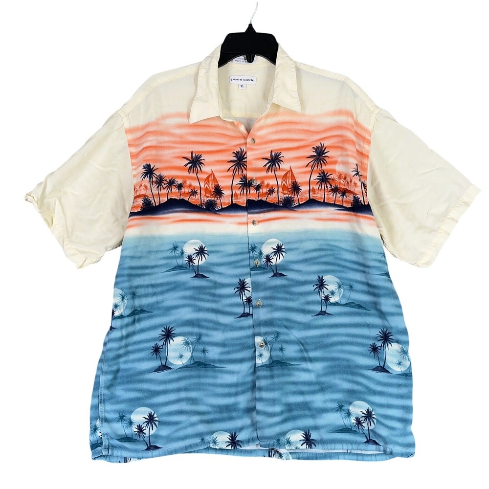 Pierre Cardin Shirt Mens X-Large Yellow Beach Hawaiian Camp Rayon Vintage 90s‎